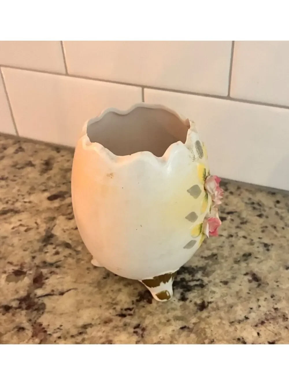 Vintage Ceramic Egg-Shaped Planter with Pink Floral Detailing